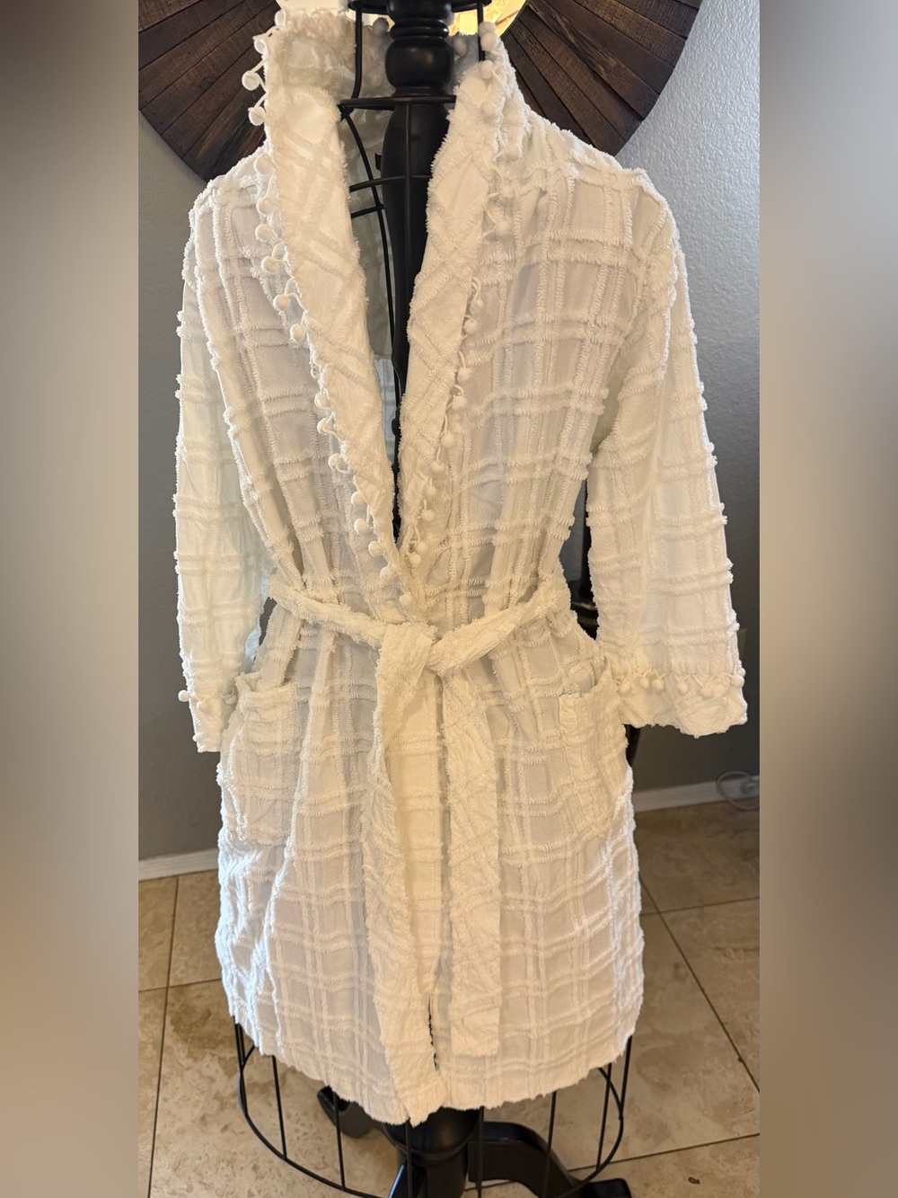 Vintage Style Stan Herman White Textured  Chenille Robe Pom Pom Trim Spa Lounge